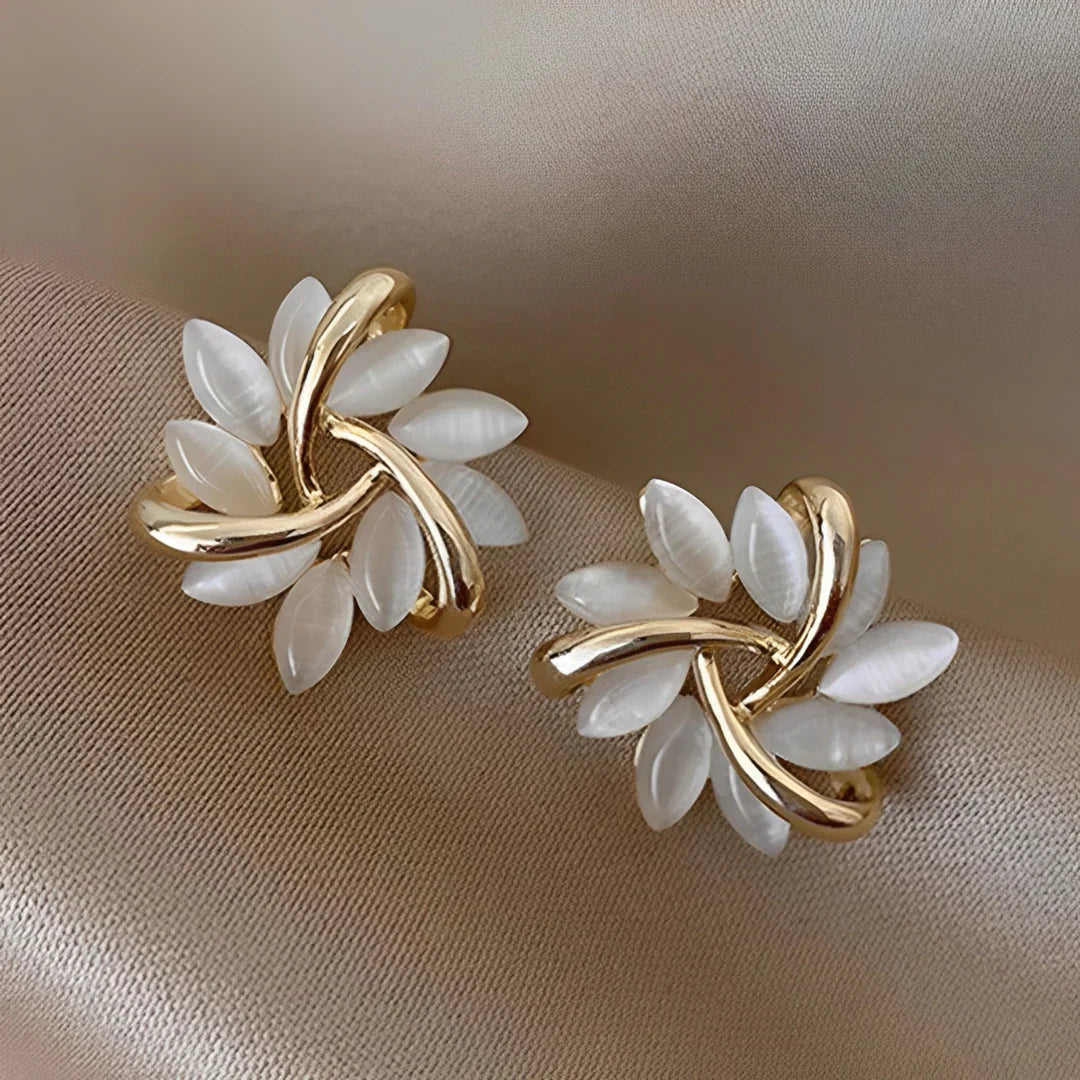 Moon Opal and Petal Earrings in Gold