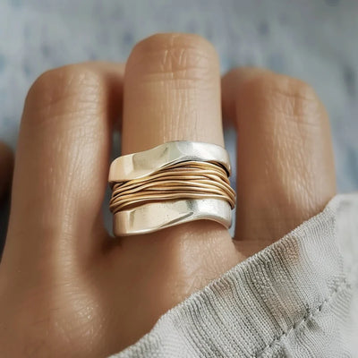 Eva | Silver Golden Threads Ring