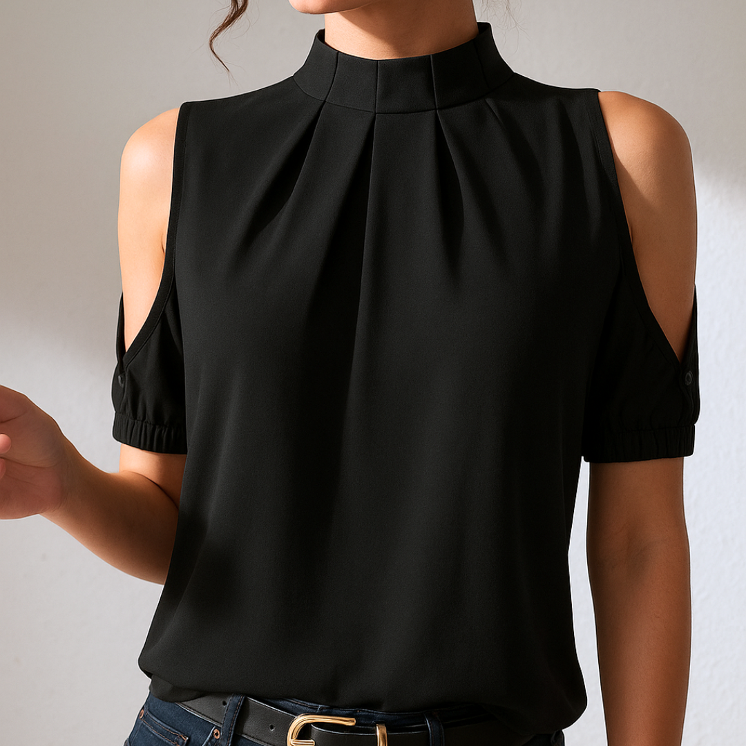 Amara - Black Pleated Blouse with Split Sleeves