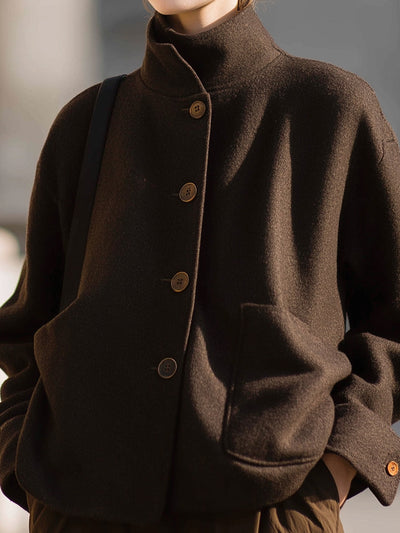 Minimalist Brown Wool Stand-Collar Jacket