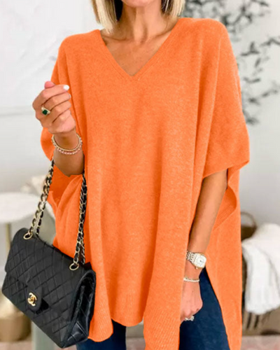 Erica - V Neck Loose Fit Solid Poncho Sweater