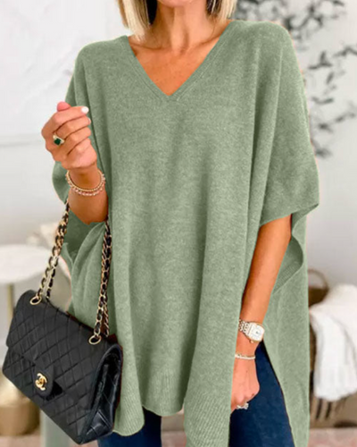 Erica - V Neck Loose Fit Solid Poncho Sweater