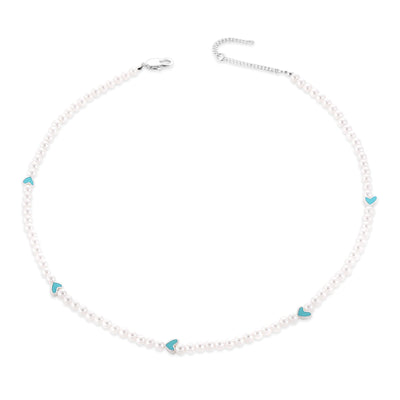 Pearl Choker Necklace with Heart Charms
