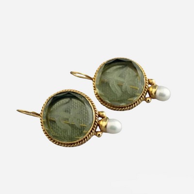 Penelope | Vintage Pearl Earrings with Rounded Green Stones