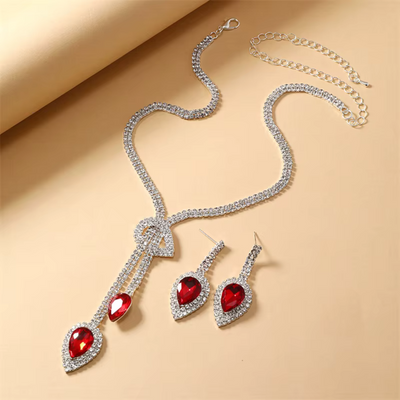 Red Rhinestone Necklace & Earring Set