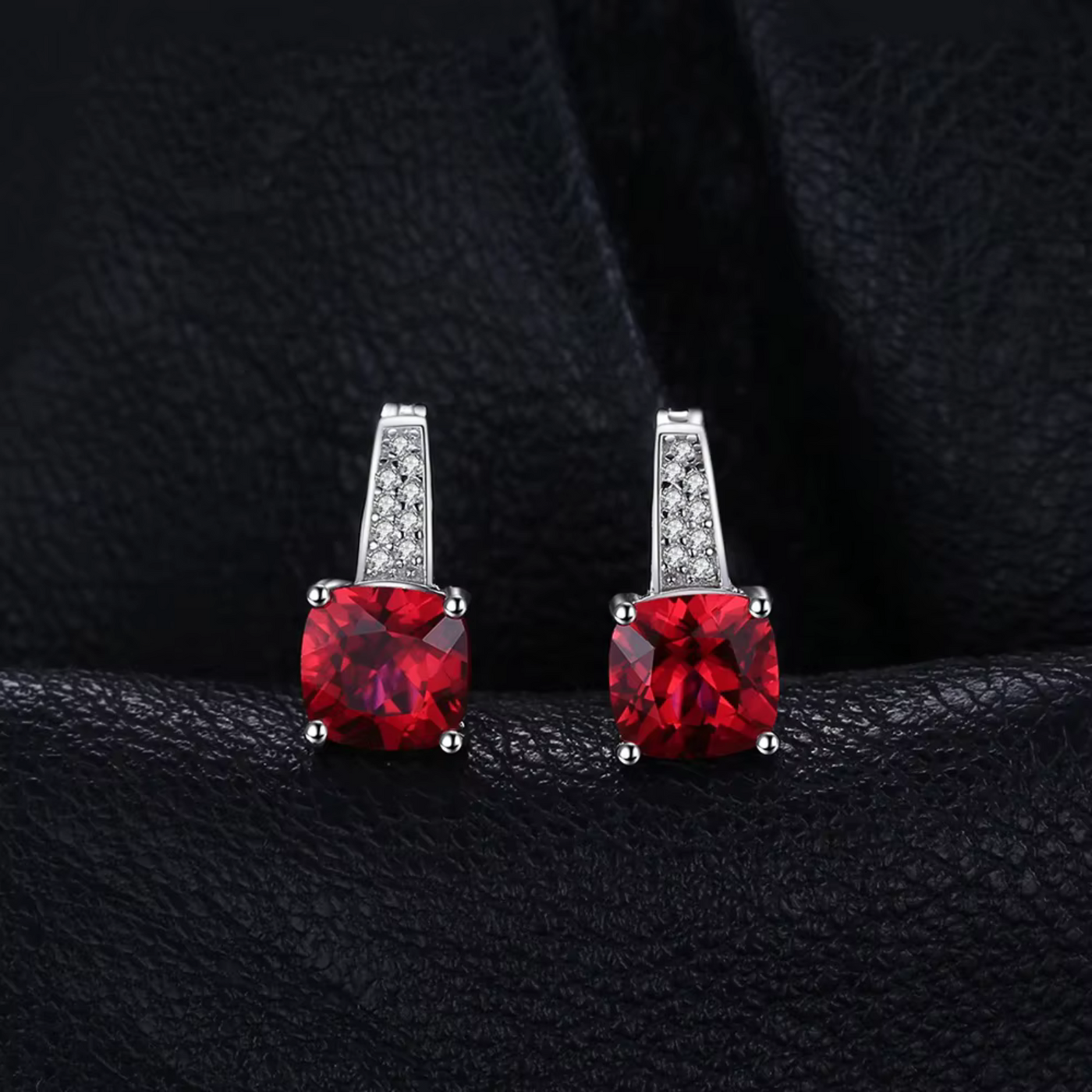 Rhodium-Plated Cushion Ruby Stud Earrings