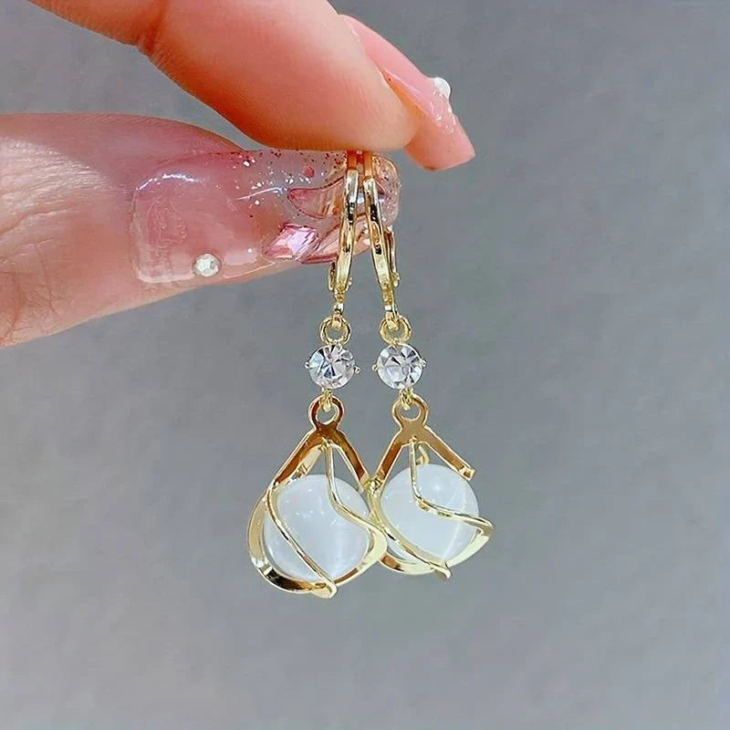 White Opal Drop Earrings – Gold Finish