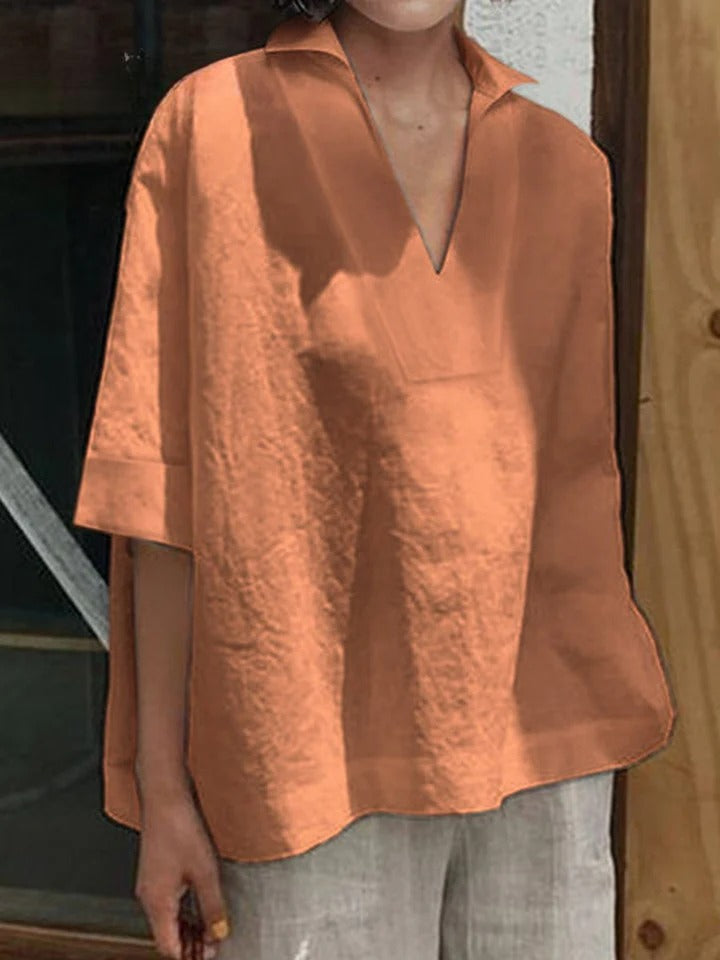 Verena - Solid V-neck Loose Mid-Sleeve Shirt