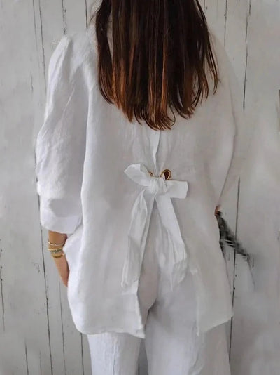 Aeloria - Lace-Up Cotton Linen Loose Shirt